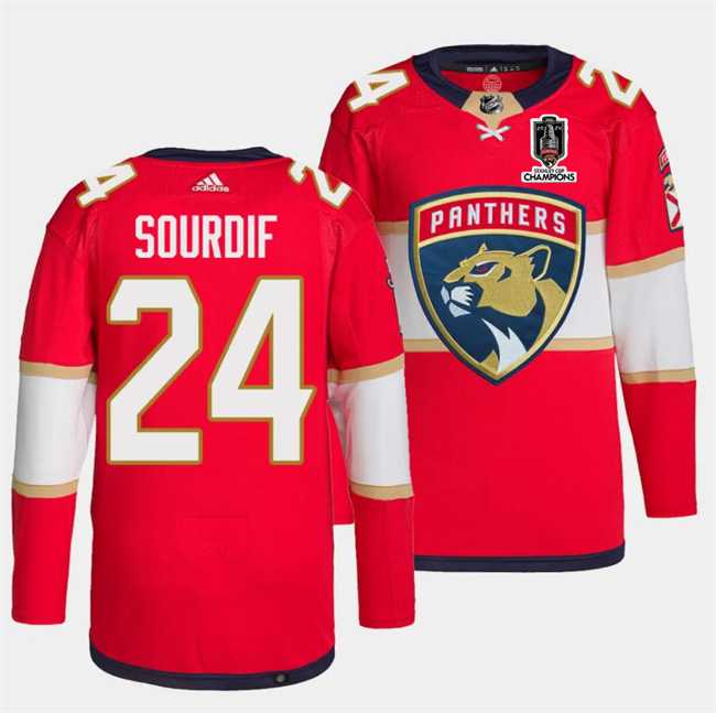 Mens Florida Panthers #24 Justin Sourdif Red Home 2024 Stanley Cup Champions Stitched Jersey Dzhi